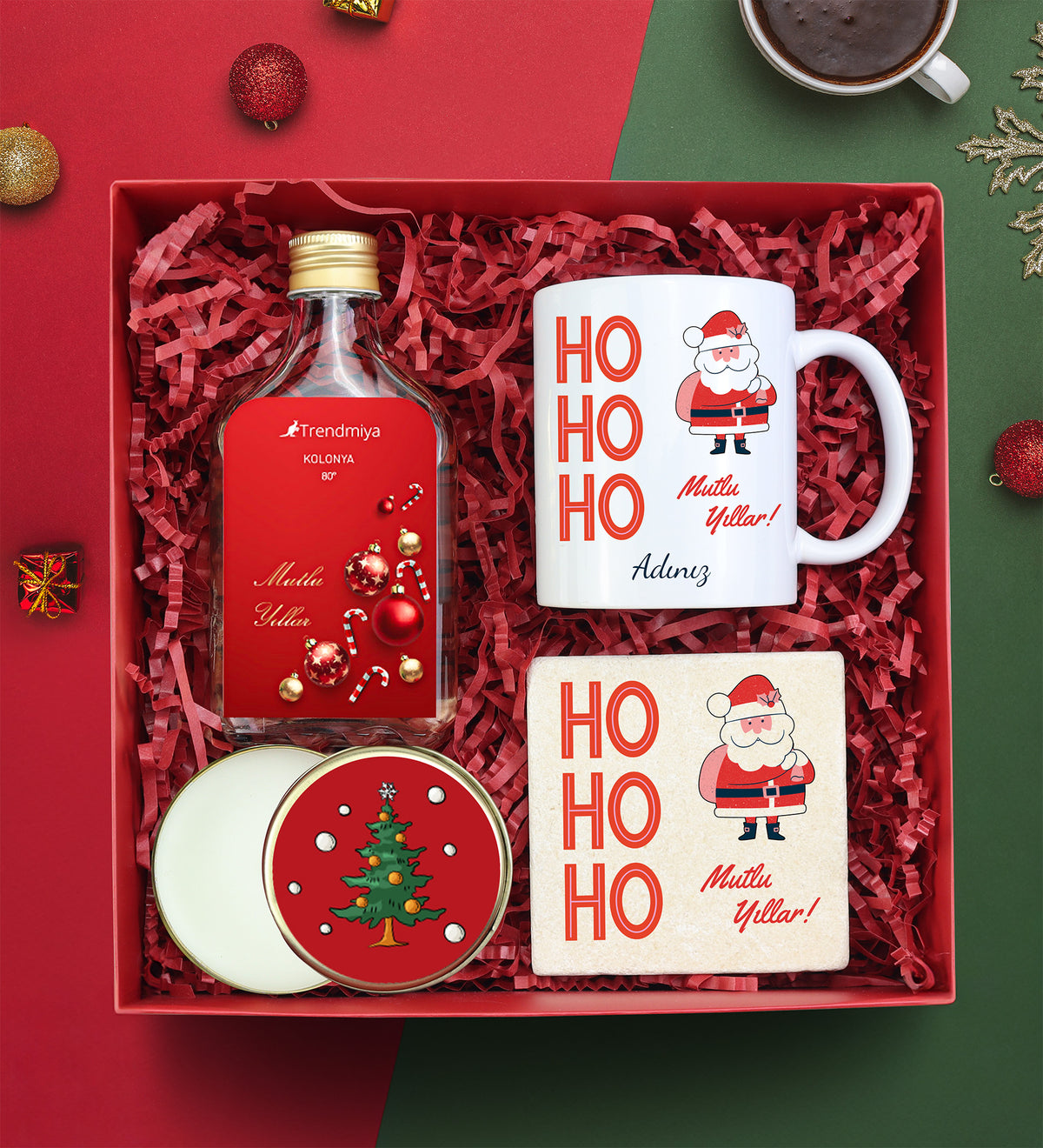 Yılbaşı Kolonya & Kupa & Bardak Altlığı & Mum Hediye Seti