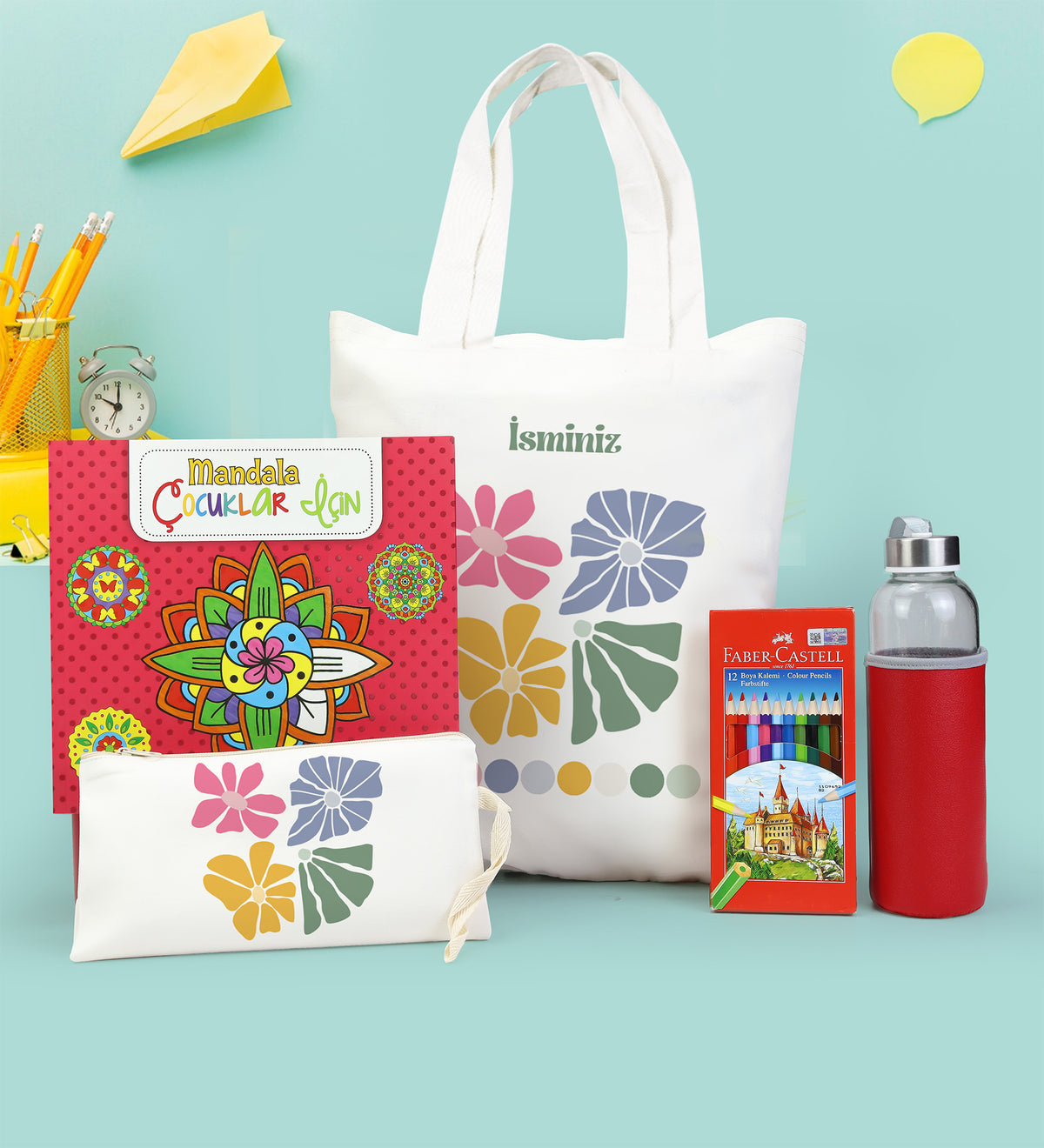 Kişiye Özel Bez Çanta & Kalemlik & Matara & Boya Kalemi & Mandala Boyama Kitabı Okula Dönüş Seti