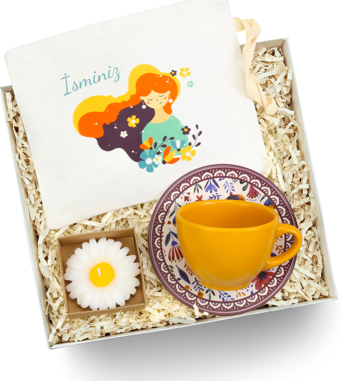 Kişiye Özel Bez Çanta & Fincan & Mum Hediye Seti