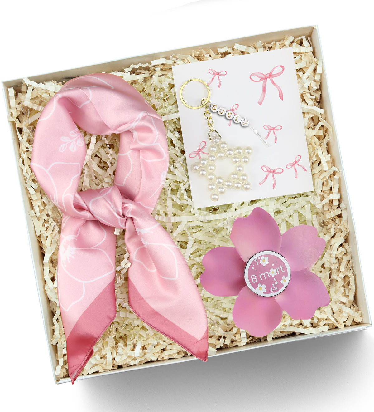 Motto İnci Yıldız Anahtarlık & Fular & Krem Hediye Seti