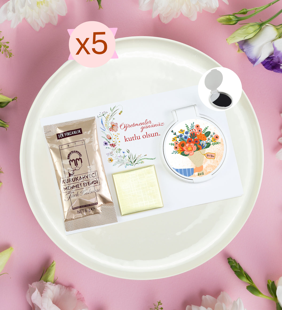 5 Adet Öğretmenler Günü Kartında Mehmet Efendi Tek İçimlik Türk Kahvesi & Melodi Çikolata & Ayna Hediye Seti