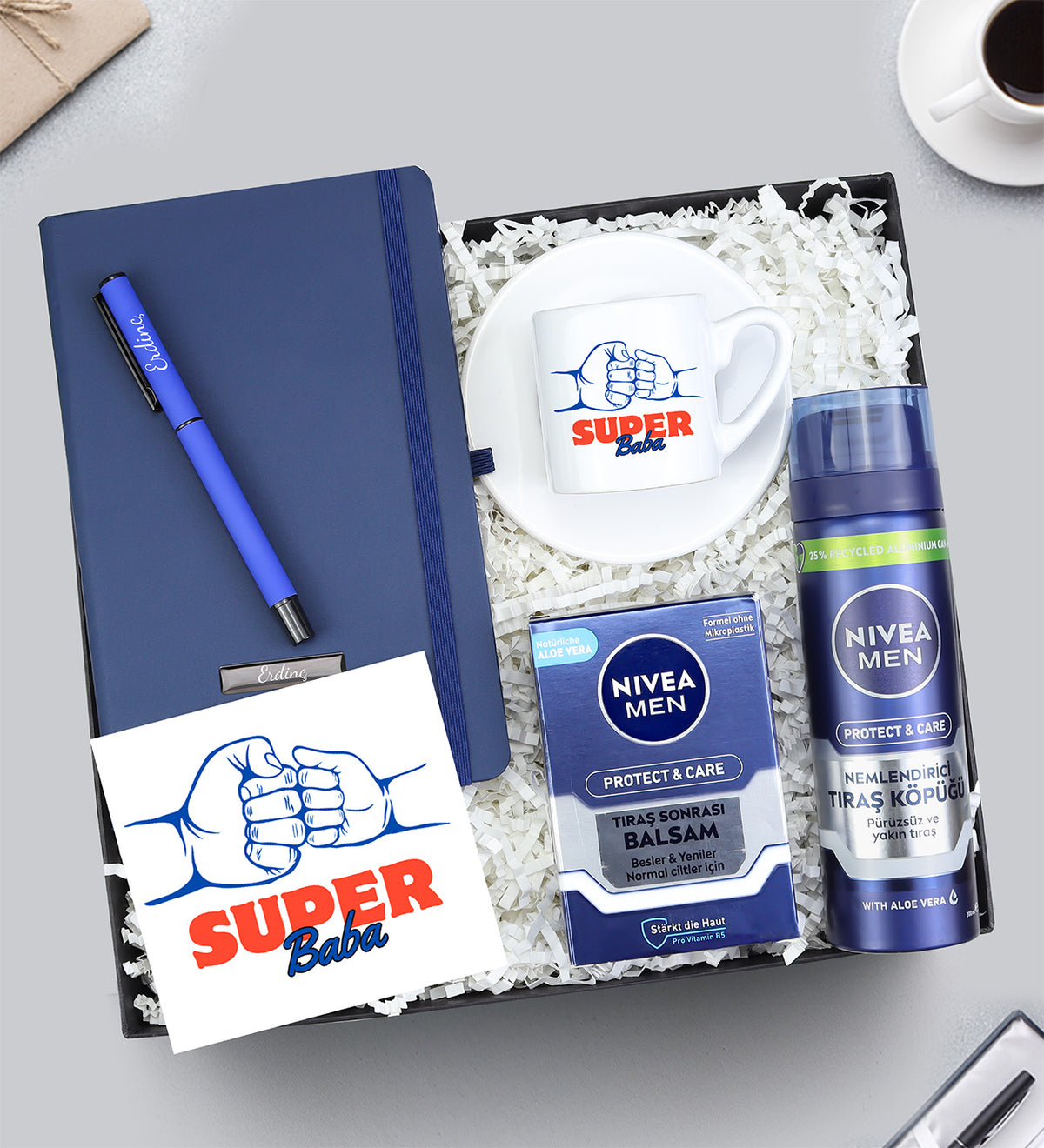 Mavi Defter & Mavi Mat Roller Kalem & Baba Tasarım Fincan & Nivea Balsam & Nivea Tıraş Köpüğü Hediye Seti