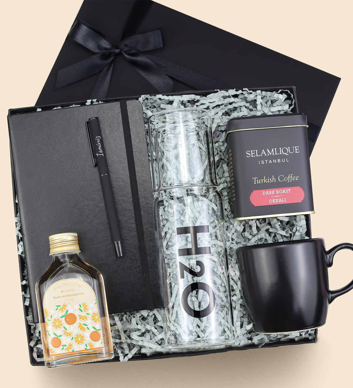 H2o Cam Başucu Sürahisi & Kolonya & Kupa & Kalem & Türk Kahvesi Premium Hediye Seti