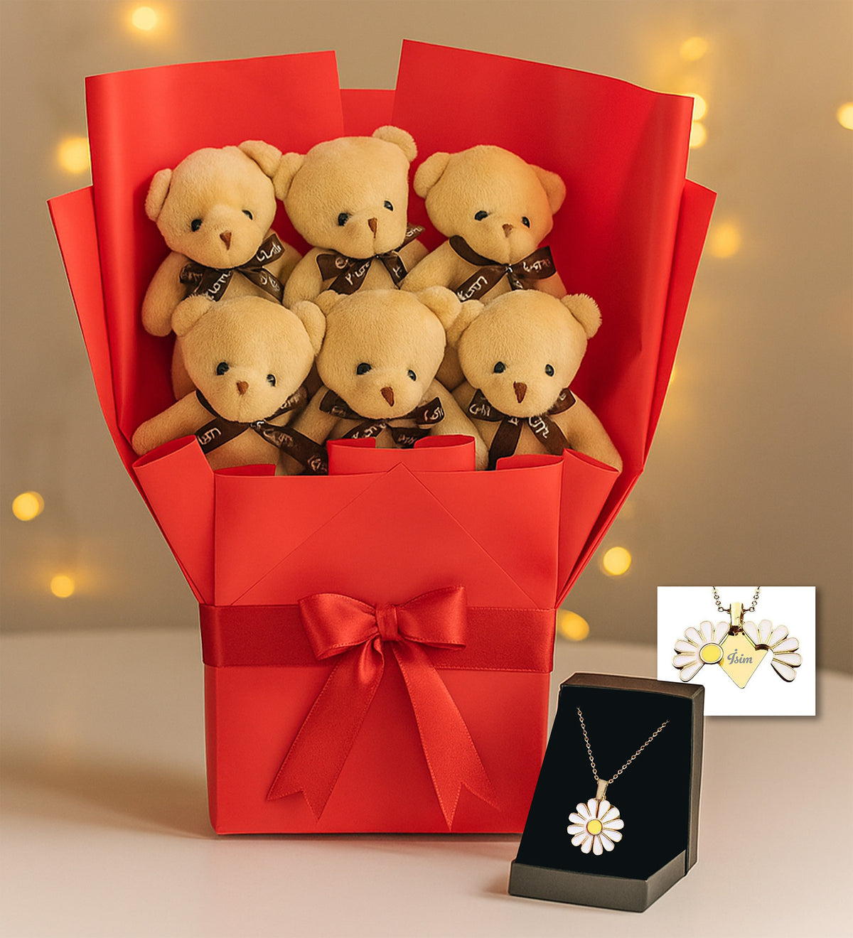 Ayıcık Buketi & Açılır Papatya Kalp Kolye Hediye Seti