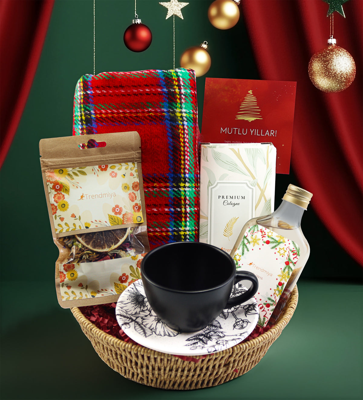 Özel Sepetinde Kalın Şal & 200ML Kolonya & Bitki Çayı & Çay Fincanı Hediye Seti