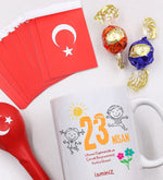 Kişiye Özel Kupa & Türk Bayrağı & Balon & Kupa & Lavi Çikolata 23 Nisan Hediye Seti
