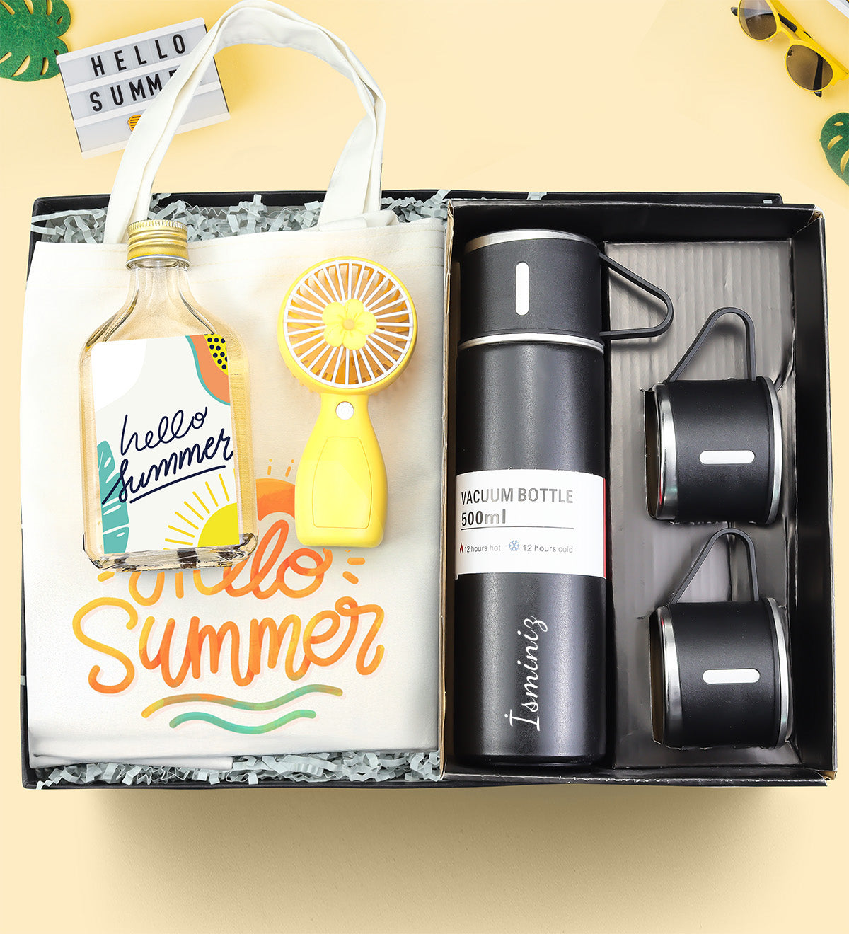 Kişiye Özel 3 Bardak Termos & Kolonya & El Fanı & Bez Çanta Yaz Hediye Seti