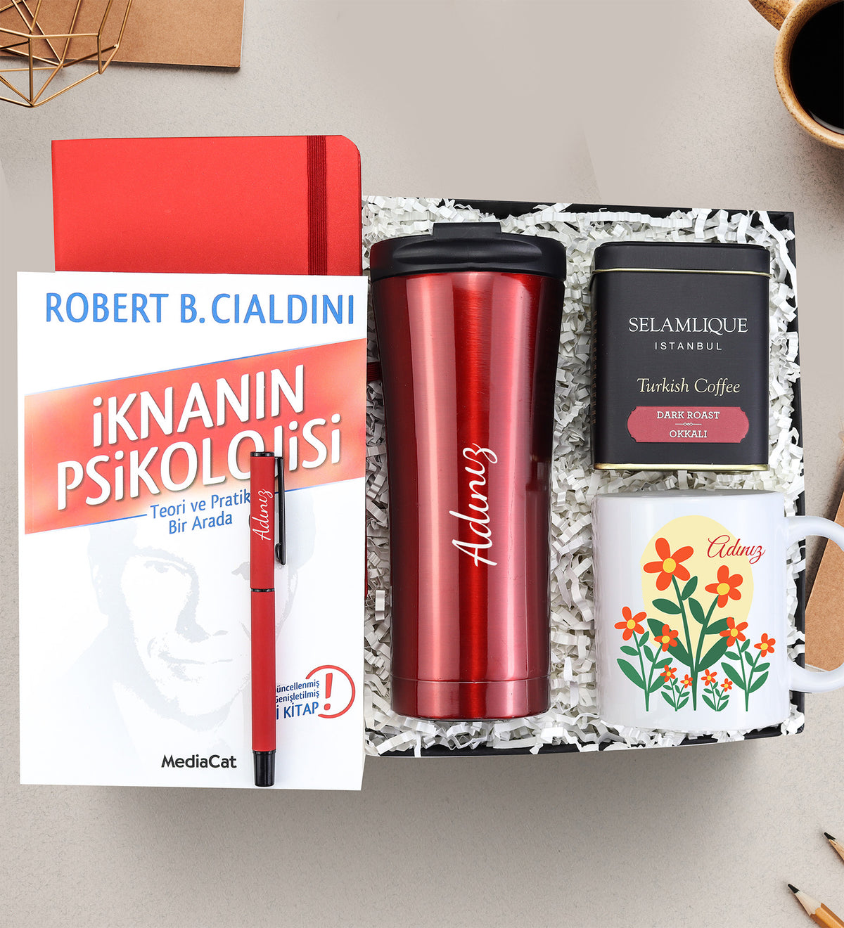 Termos & Kırmızı Defter & Kırmızı Mat Roller Kalem & İknanın Psikolojisi & Selamlıque & Kupa Hediye Seti