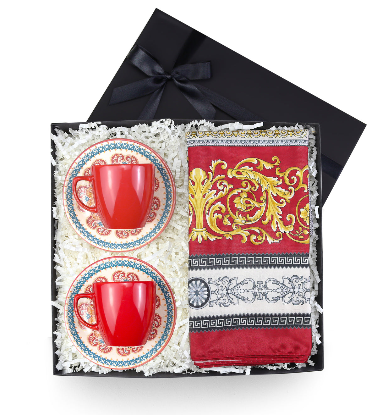 2 li Seramik Kahve Fincanı & Versace Model Saten Şal Hediye Seti