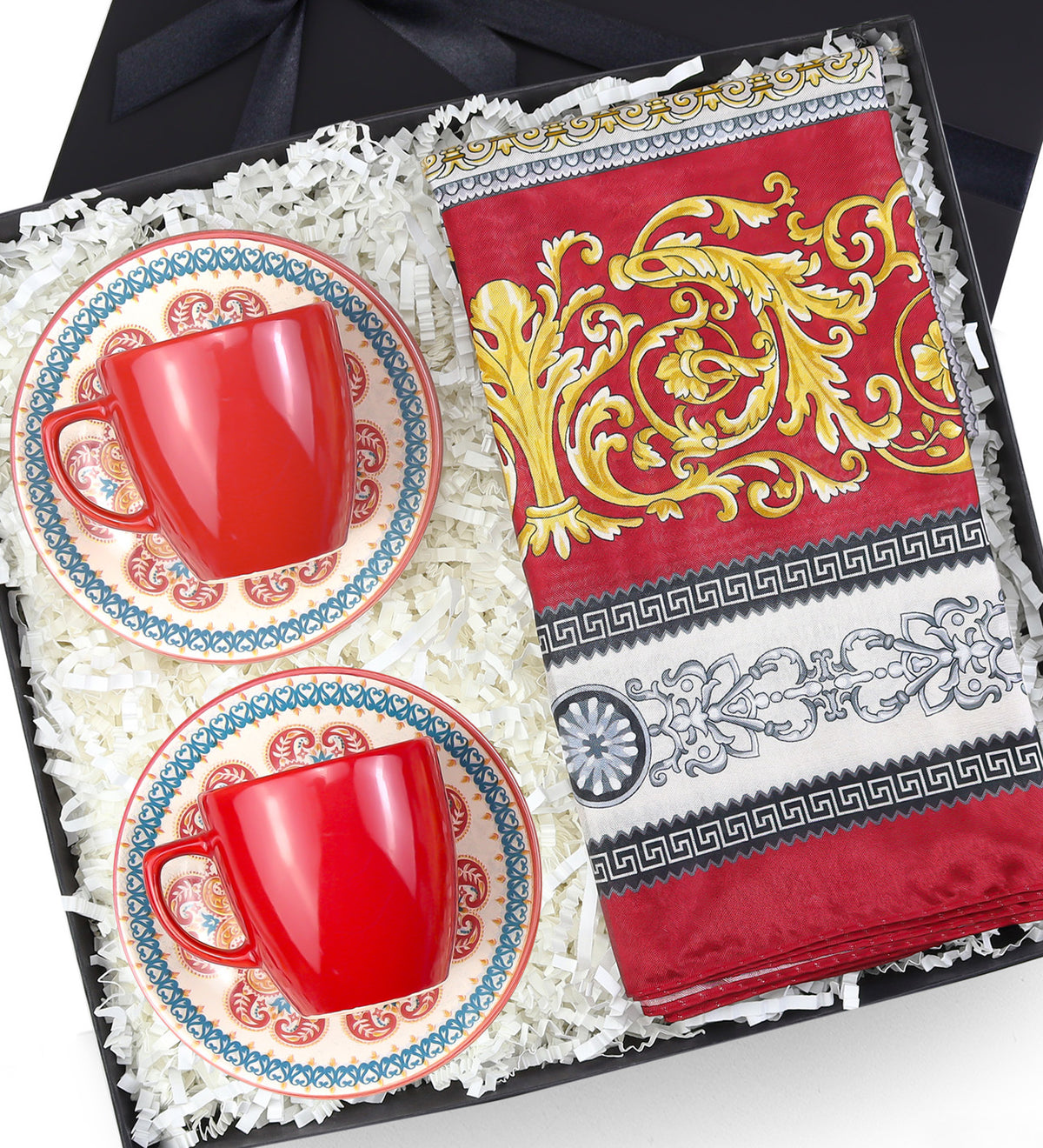 2 li Seramik Kahve Fincanı & Versace Model Saten Şal Hediye Seti