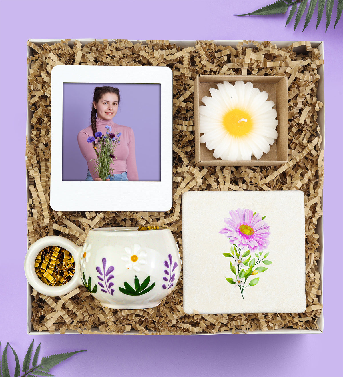 İnstagram Çerçeve & El Yapımı Kupa & Mum & Taş Bardak Altlığı Hediye Seti