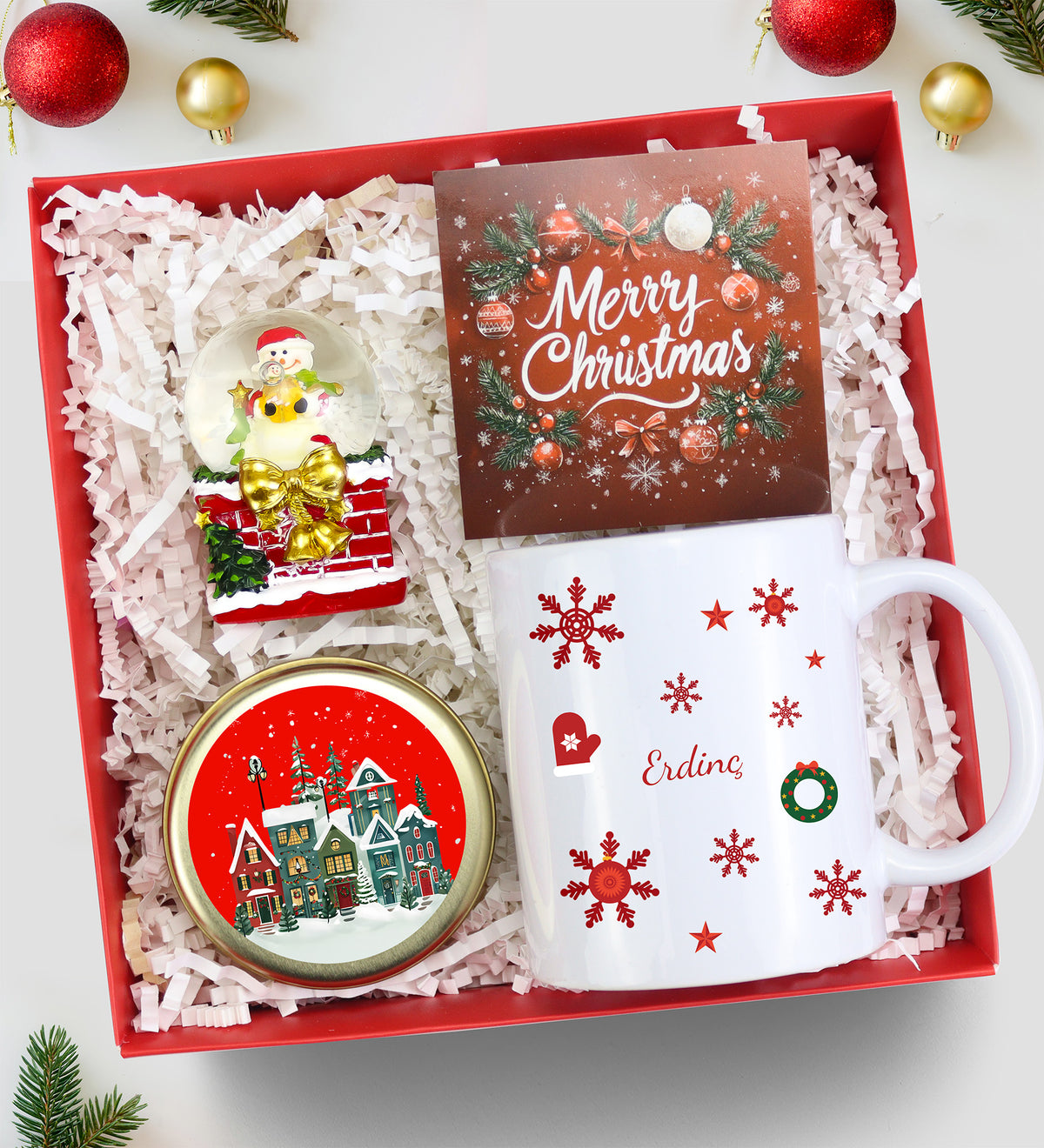 Kişiye Özel Kupa & Kar Küresi & Mum Yılbaşı Hediye Seti