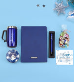 Kişiye Özel Mavi Spiralli Yeni Yıl Tarihli Ajanda & Mavi Mat Roller Kalem & Mavi Renk Kulplu 280 ML Çelik Termos & Yılbaşı Temalı Metal Kutulu Mum & Lavi Çikolata Hediye Seti