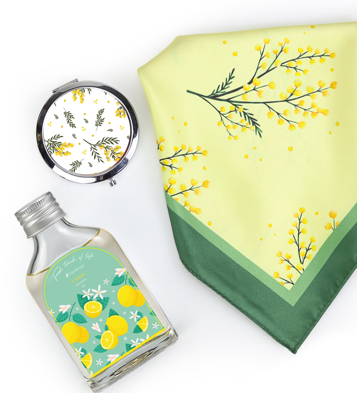 Mimoza Desenli Fular & Ayna & Kolonya Hediye Seti