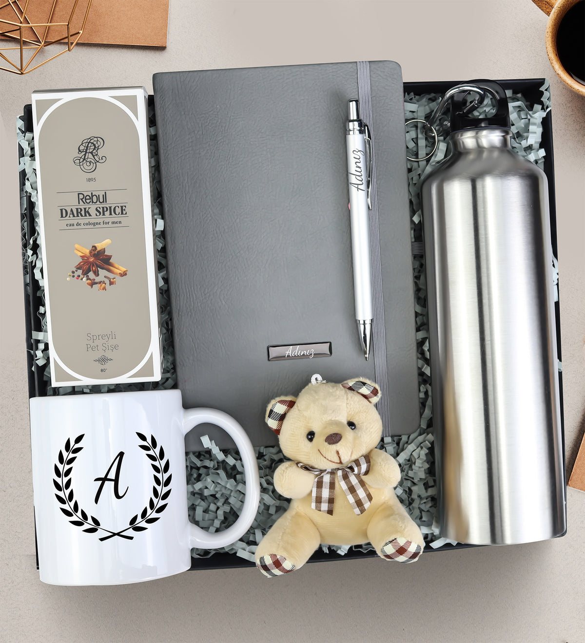 Gri Defter & Kalem & Çelik Matara & Kupa & Rebul Kolonya & Ayıcık Anahtarlık Hediye Seti