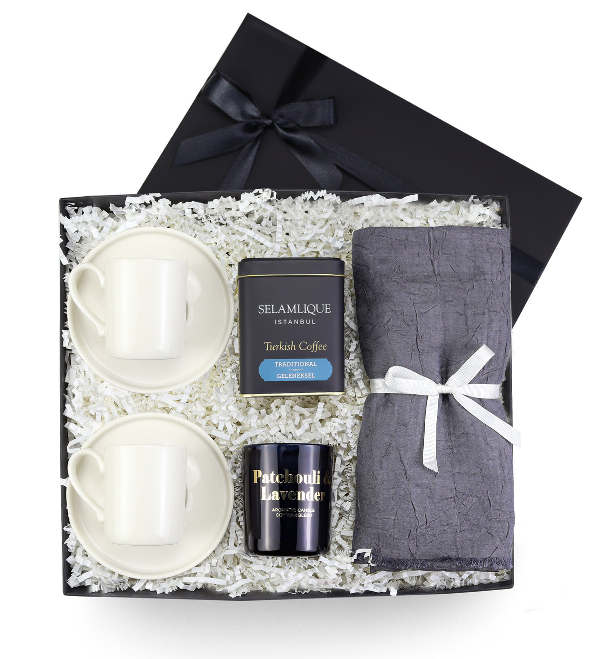 2 li Türk Kahvesi Fincanı & Rakle Mum & Gri Şal & Selamlıque Türk Kahvesi Hediye Seti