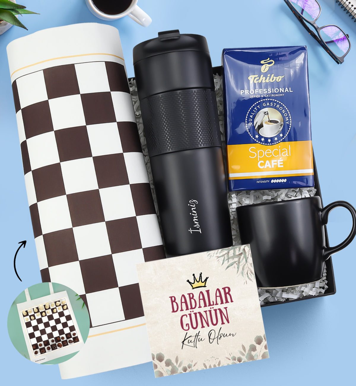 Kişiye Özel Termos & Satranç Baskılı Bez Çanta & Kupa & french Pressli Termos Babalar Günü Hediye Seti