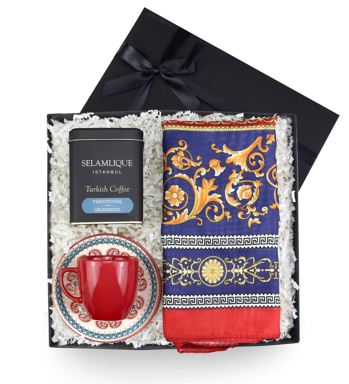 Selamlıque Türk Kahvesi & Fincan & Versace Model Saten Şal Hediye Seti