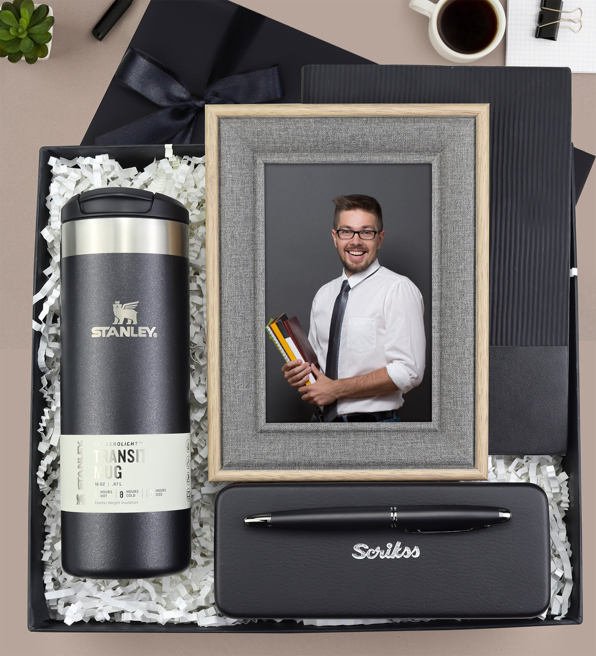 Scrikss 88 Mat Roller Kalem & Stanley Termos & Esnek Kapak Gri Defter & Dokulu Çerçeve Hediye Seti