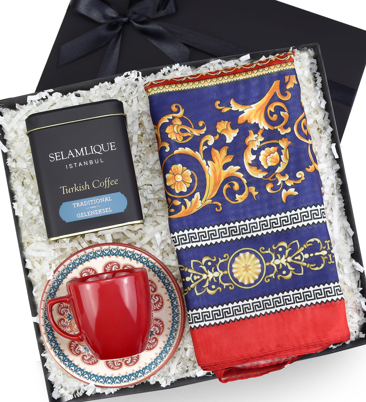 Selamlıque Türk Kahvesi & Fincan & Versace Model Saten Şal Hediye Seti