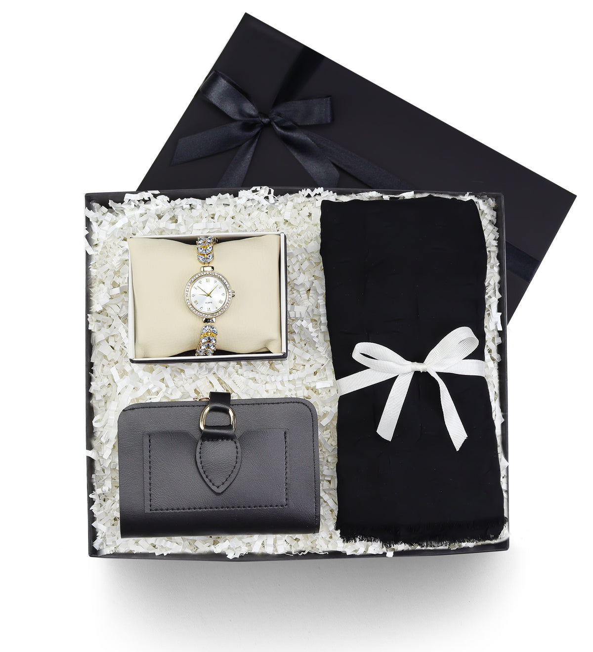 Taşlı Kadın Saati & Siyah Şal & Cüzdan Hediye Seti