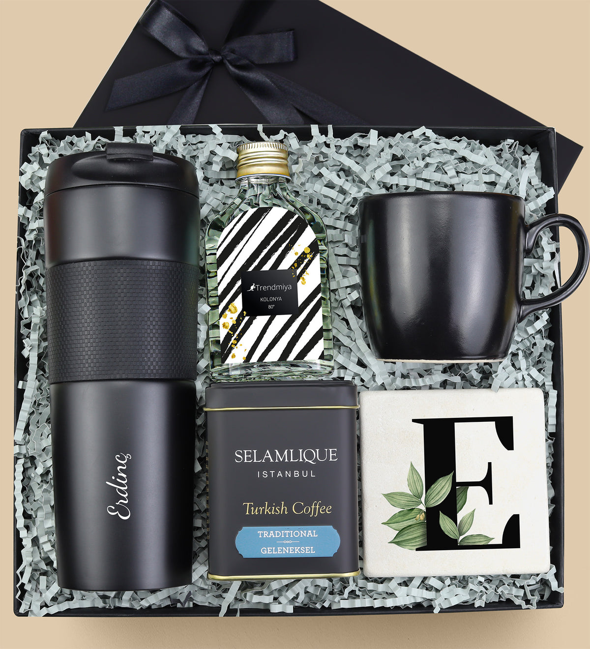 Kişiye Özel French Press Termos & Kolonya & Kupa & Selamlıque Türk Kahvesi Hediye Seti