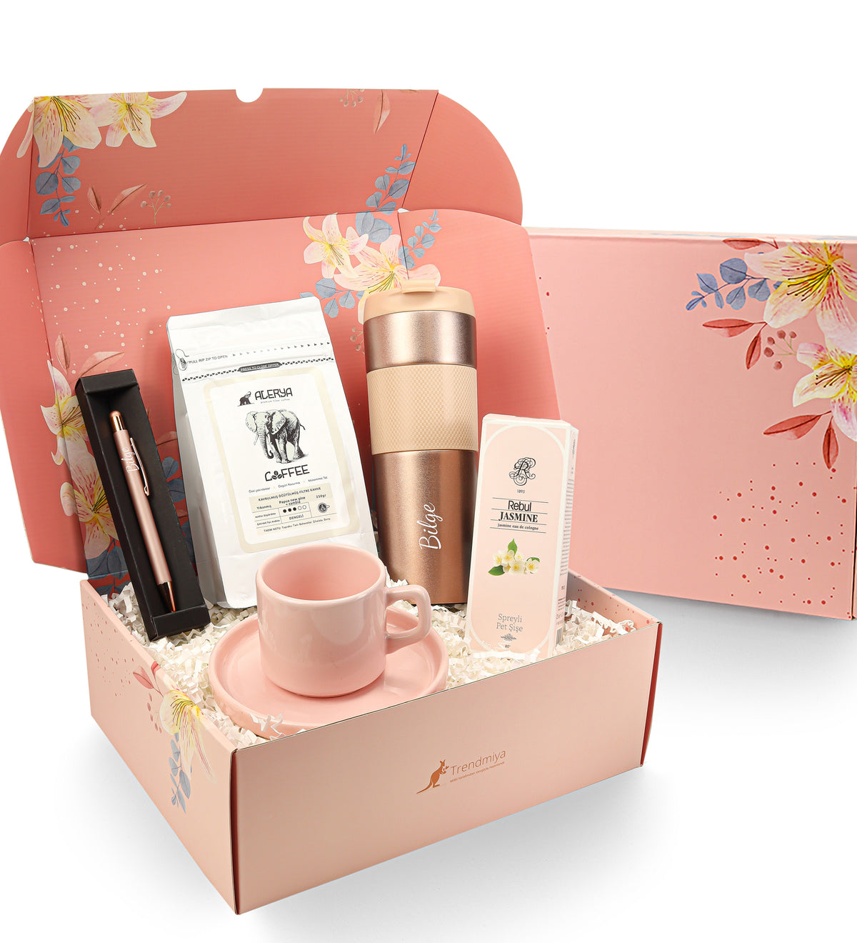 Rose French Pressli Termos & Alerya 250 Gr Papua New Gine Öğütülmüş Filtre Kahve & Rebul Kolonya & Pembe Fincan & Rose Tükenmez Kalem