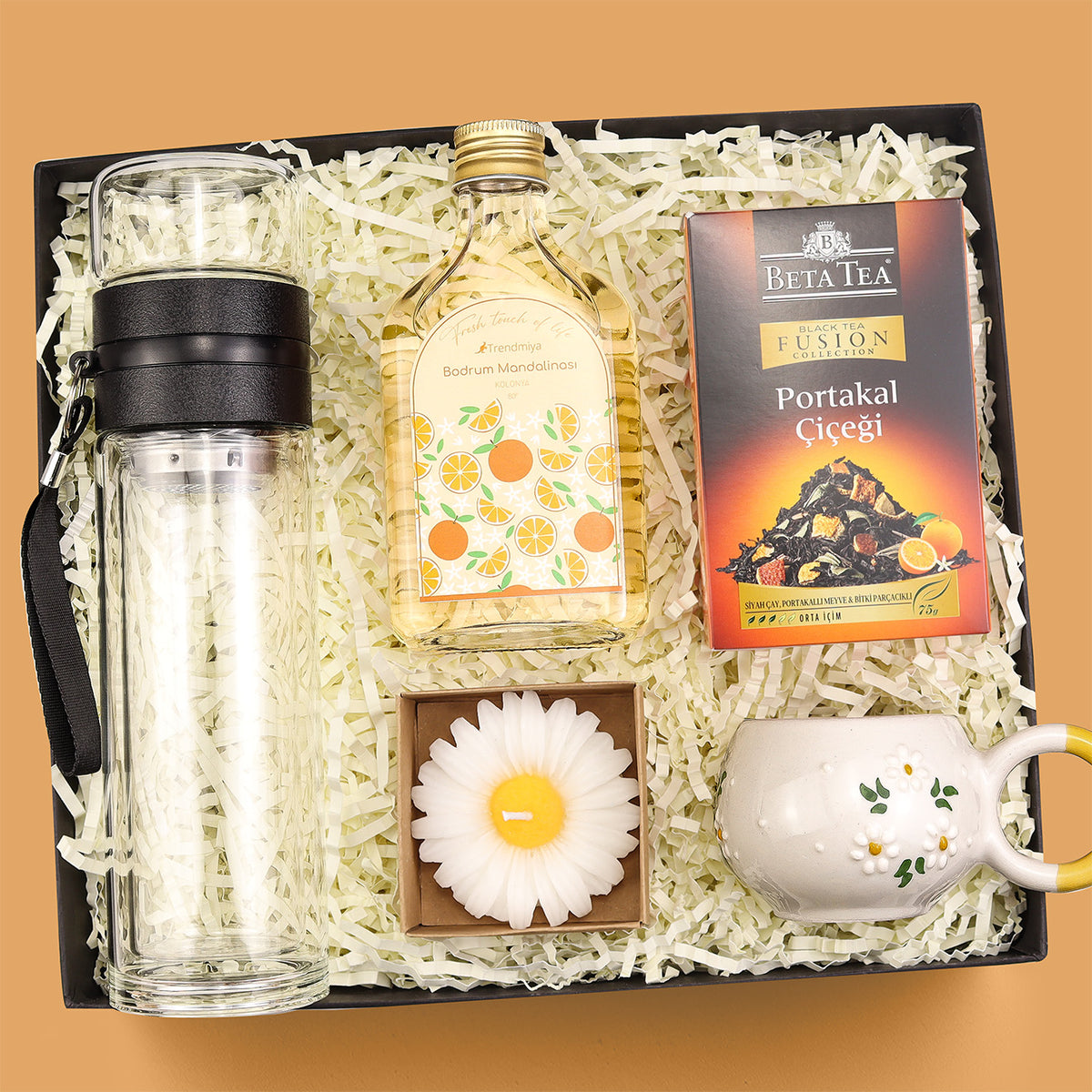 El Yapımı Kupa & Kolonya & Bitki Çayı & Mum & Cam Demlik Matara Hediye Seti