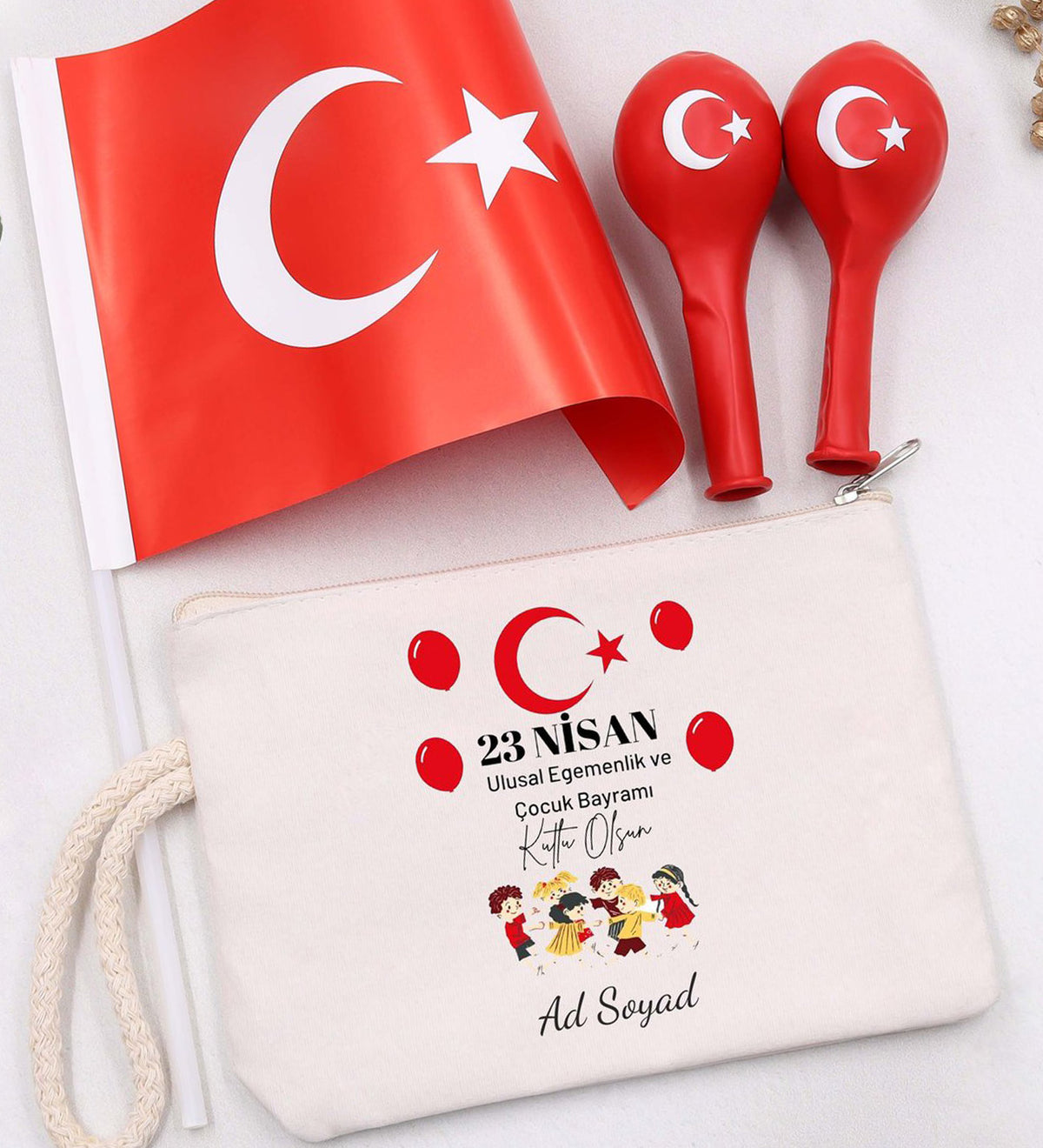 Kişiye Özel Bez Çanta & 2'li Balon &Türk Bayrağı 23 Nisan Hediye Seti