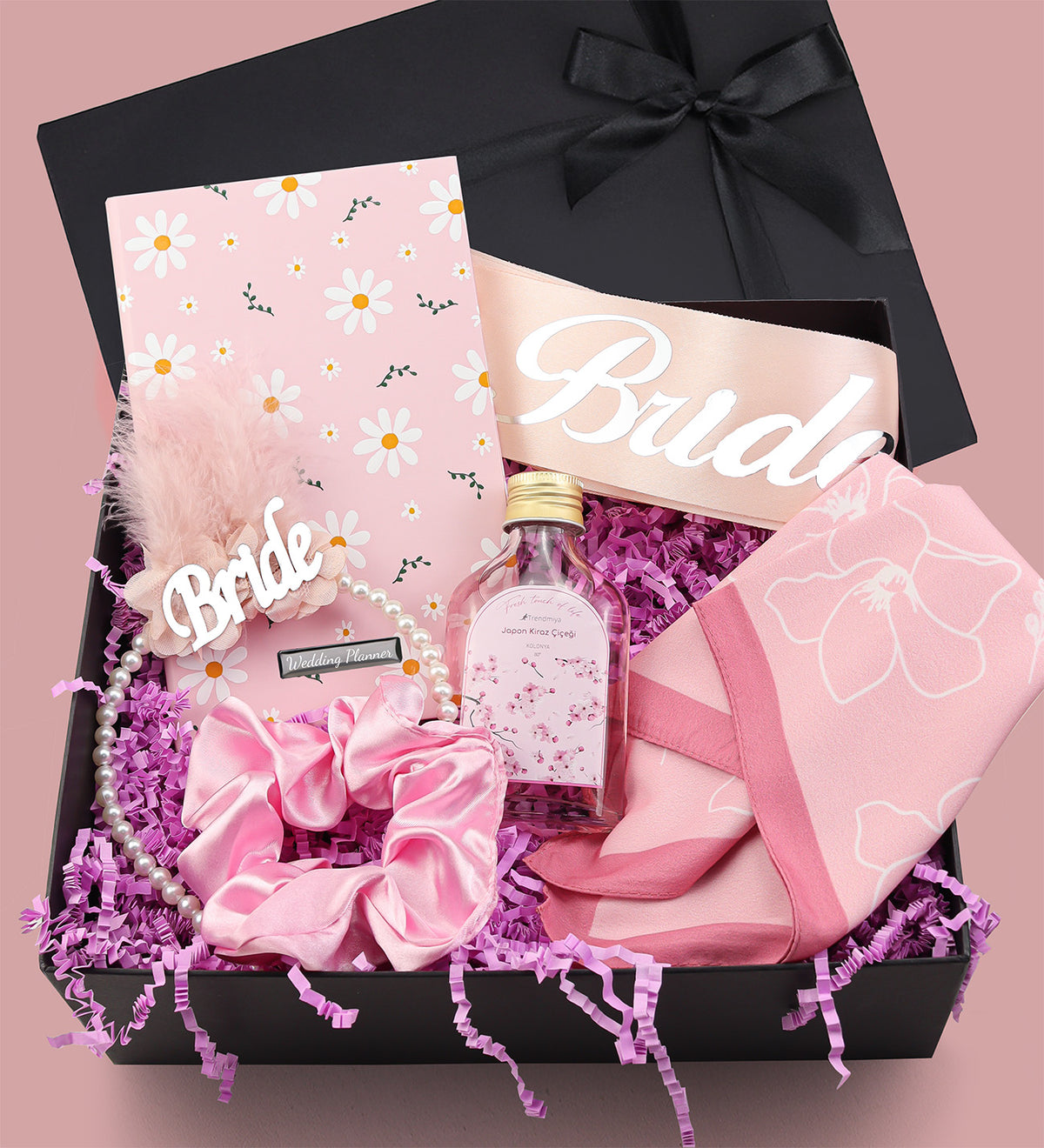 Wedding Planner & Bride Kuşak & Bride İnci Taç & Saten Toka & Fular & 100 ml Kolonya Hediye Seti