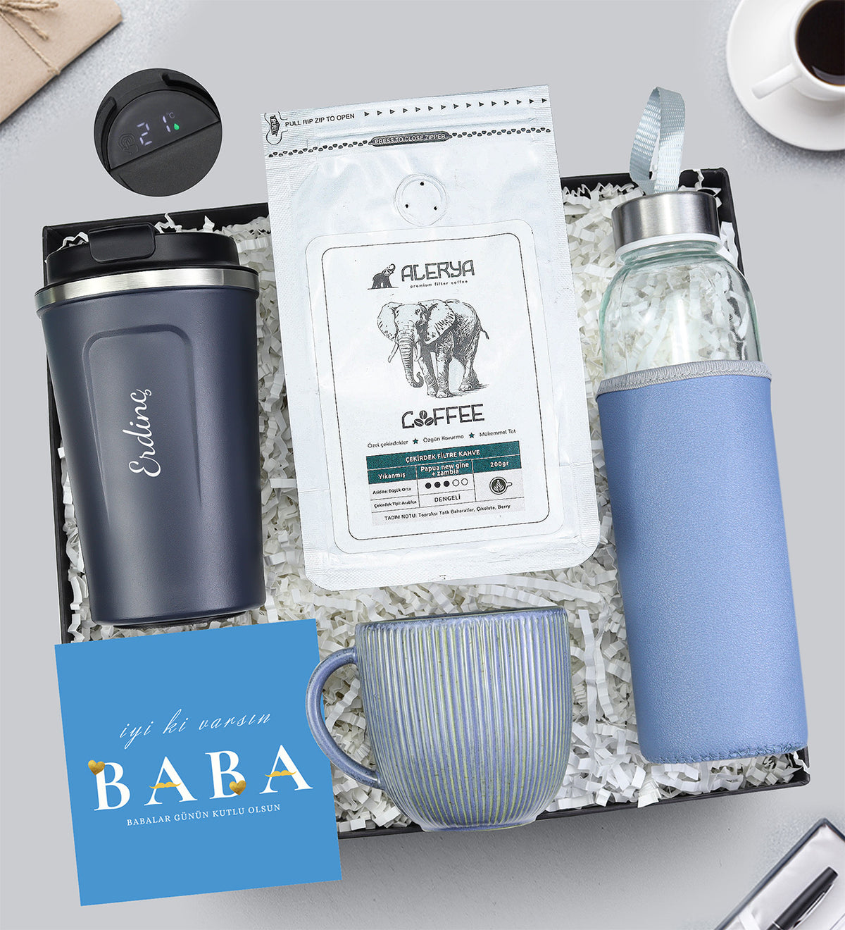 Lacivert Dereceli Termos & Mavi Matara & Alerya 200gr Çekirdek Filtre Kahve & Mavi Porselen Kupa Hediye Seti