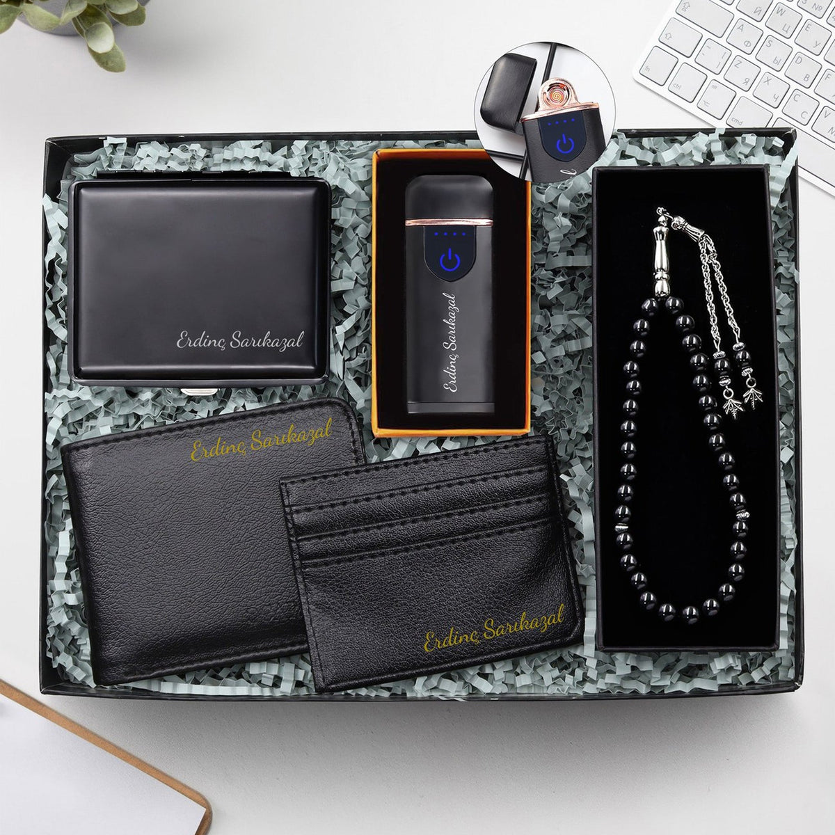 Elektronik Çakmak& Siyah Erkek Cüzdan & Siyah Kartlık & Siyah Tesbih & Tabaka Hediye Seti