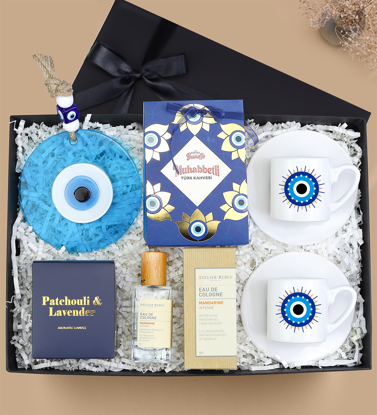Atelier Rebul Kolonya & Mum & Nazar Boncuklu Duvar Süsü & Muhabbetli Türk Kahvesi & Fincan Hediye Seti