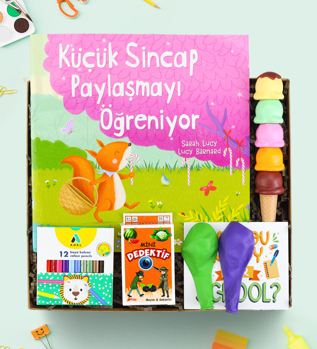 Hikaye Kitabı & Dondurma Fosforlu Kalem & 2'li Balon & 12'li Boya Kalemi & Mini Dedektif Kart Oyunu Hediye Seti