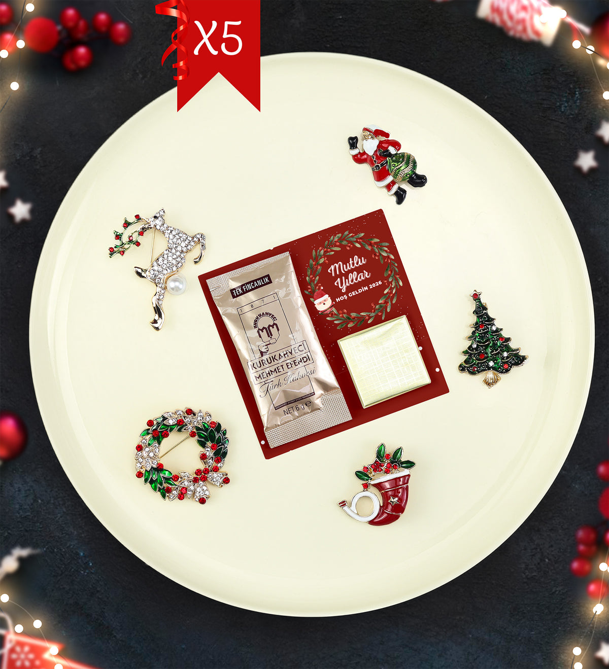 5 Adet Broş & Çikolata & Türk Kahvesi Yılbaşı Hediyesi