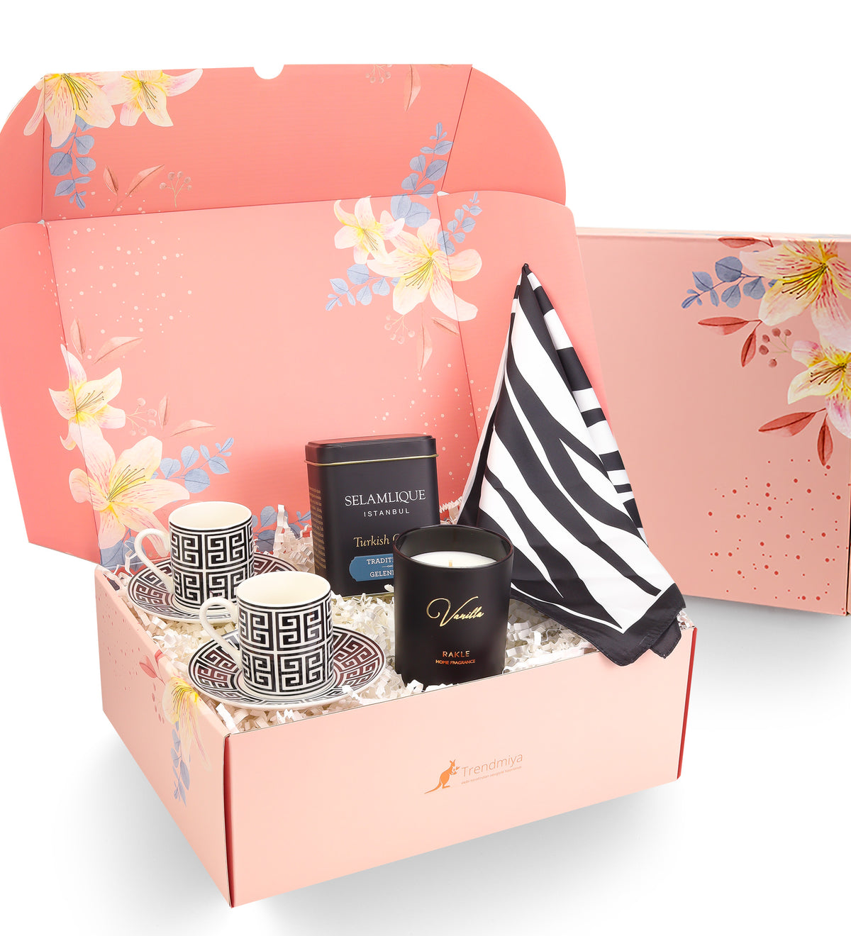 2'li Siyah Beyaz Fincan & Selamlıque Türk Kahvesi & Rakle Mum & Zebra Fular