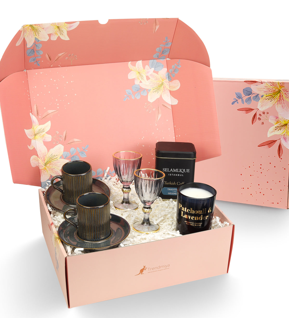 2li Porselen Fincan & Kahve yanı Bardağı & Selamlıque Türk Kahvesi & Rakle Mum Hediye Seti