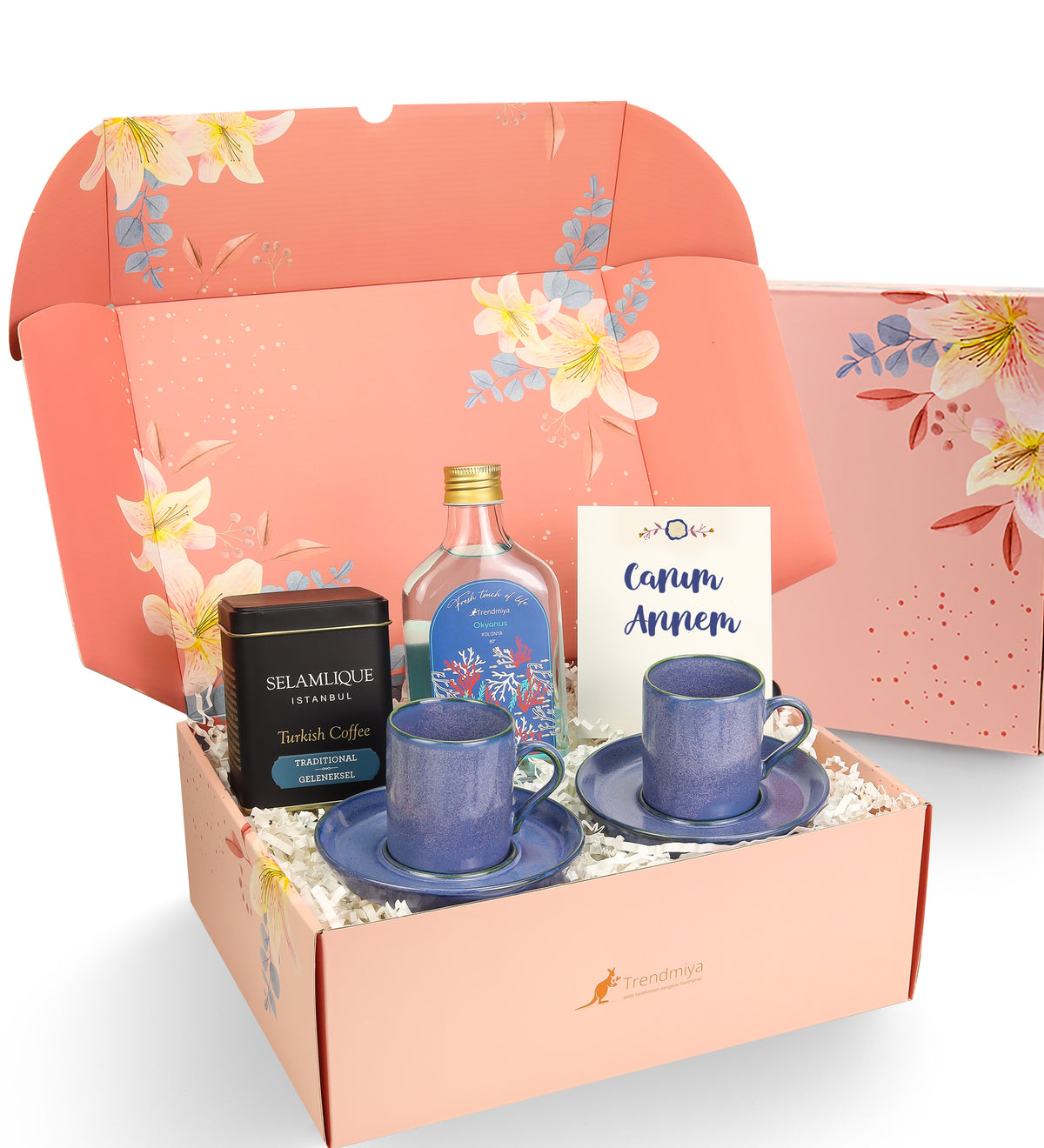2 li Porselen Fincan & Kolonya & Selamlıque Türk Kahvesi Hediye Seti