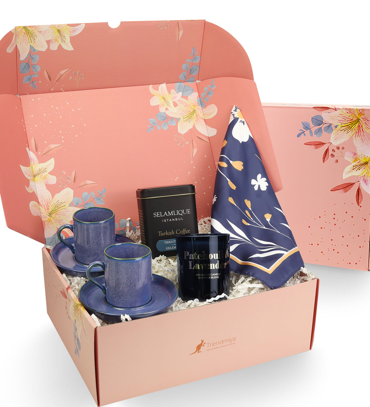 2 li Porselen Fincan & Selamlıque Türk Kahvesi & Rakle Mum & Fular Hediye Seti