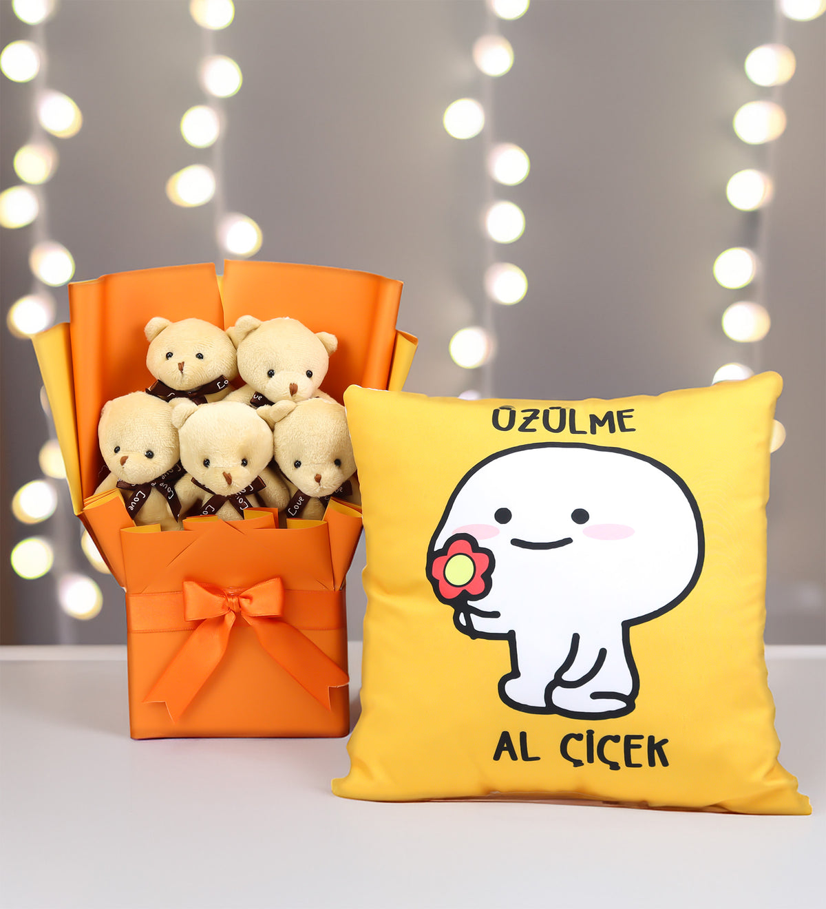 Ayıcık Buketi & Motto Yastık Hediye Seti