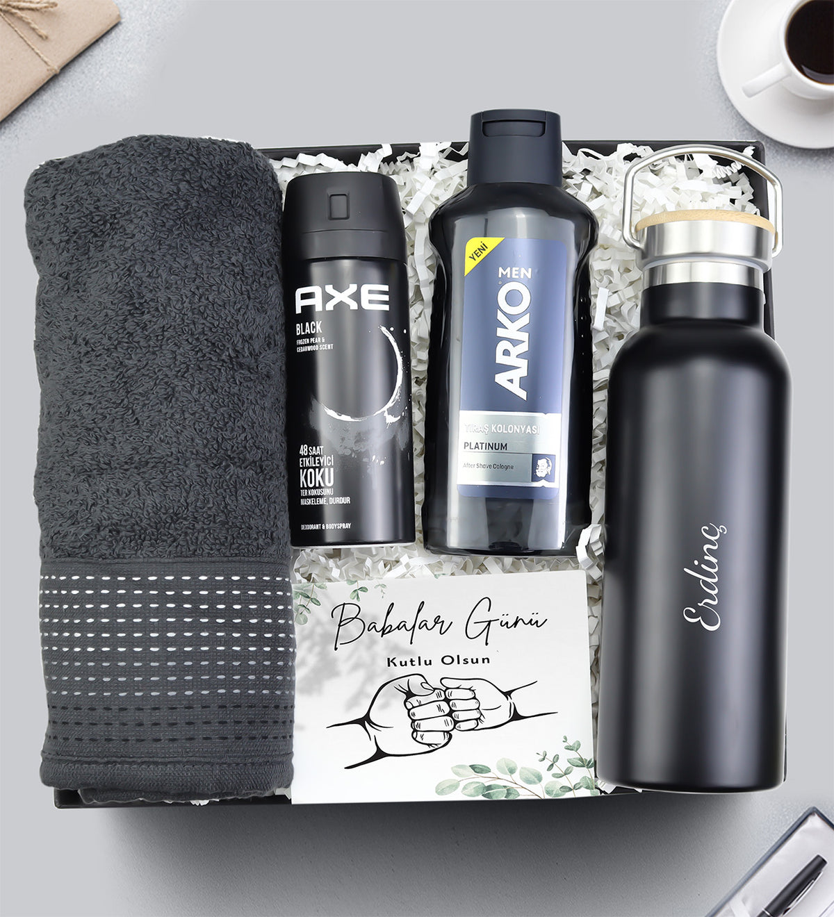 Termos Matara & Havlu & Arko Tıraş Kolonyası & Axe Deodorant Hediye Seti