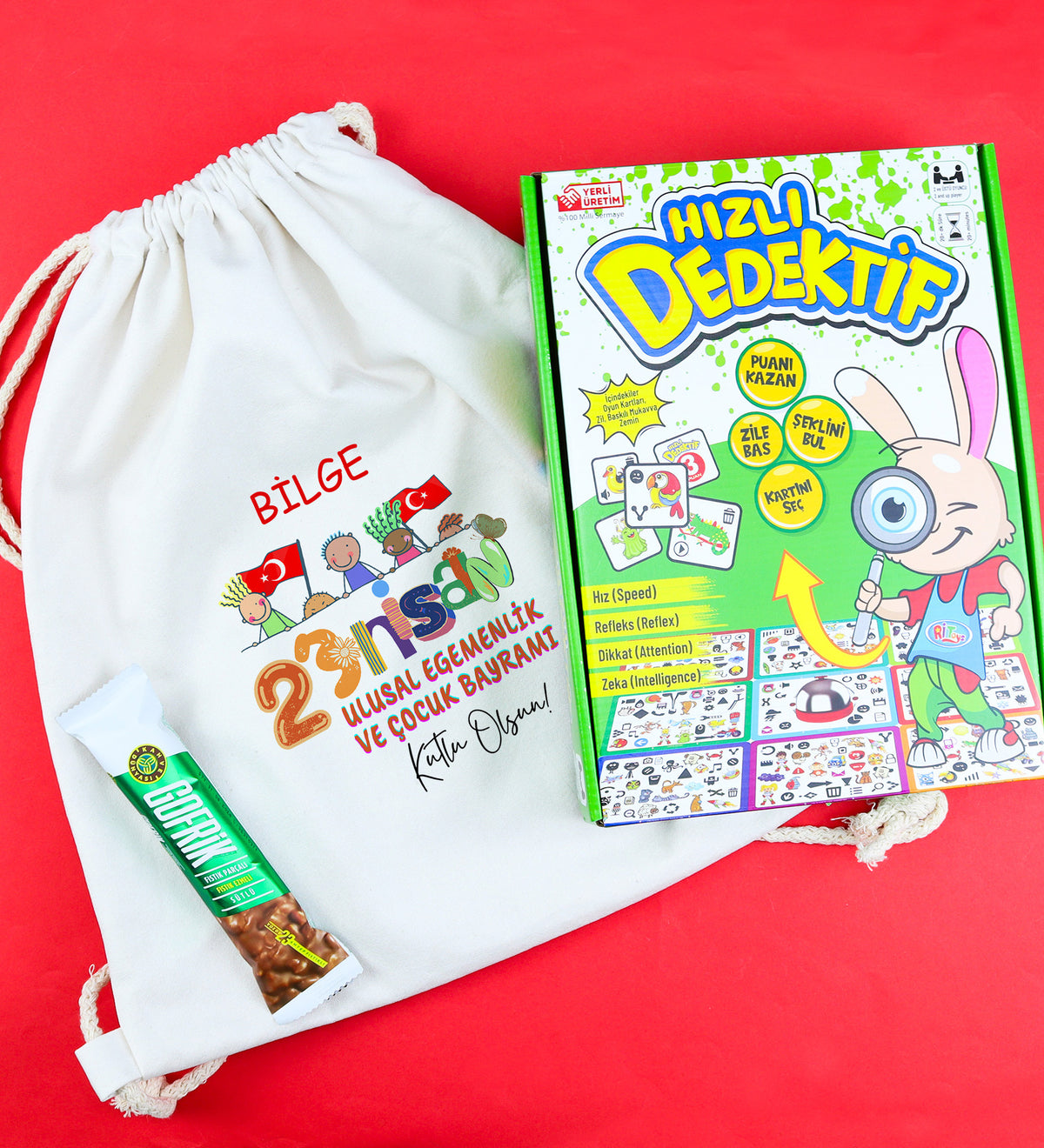Kişiye Özel Bez Çanta & Ritoys Hızlı Dedektif Oyunu & Gofrik Çikolata 23 Nisan Hediye Seti