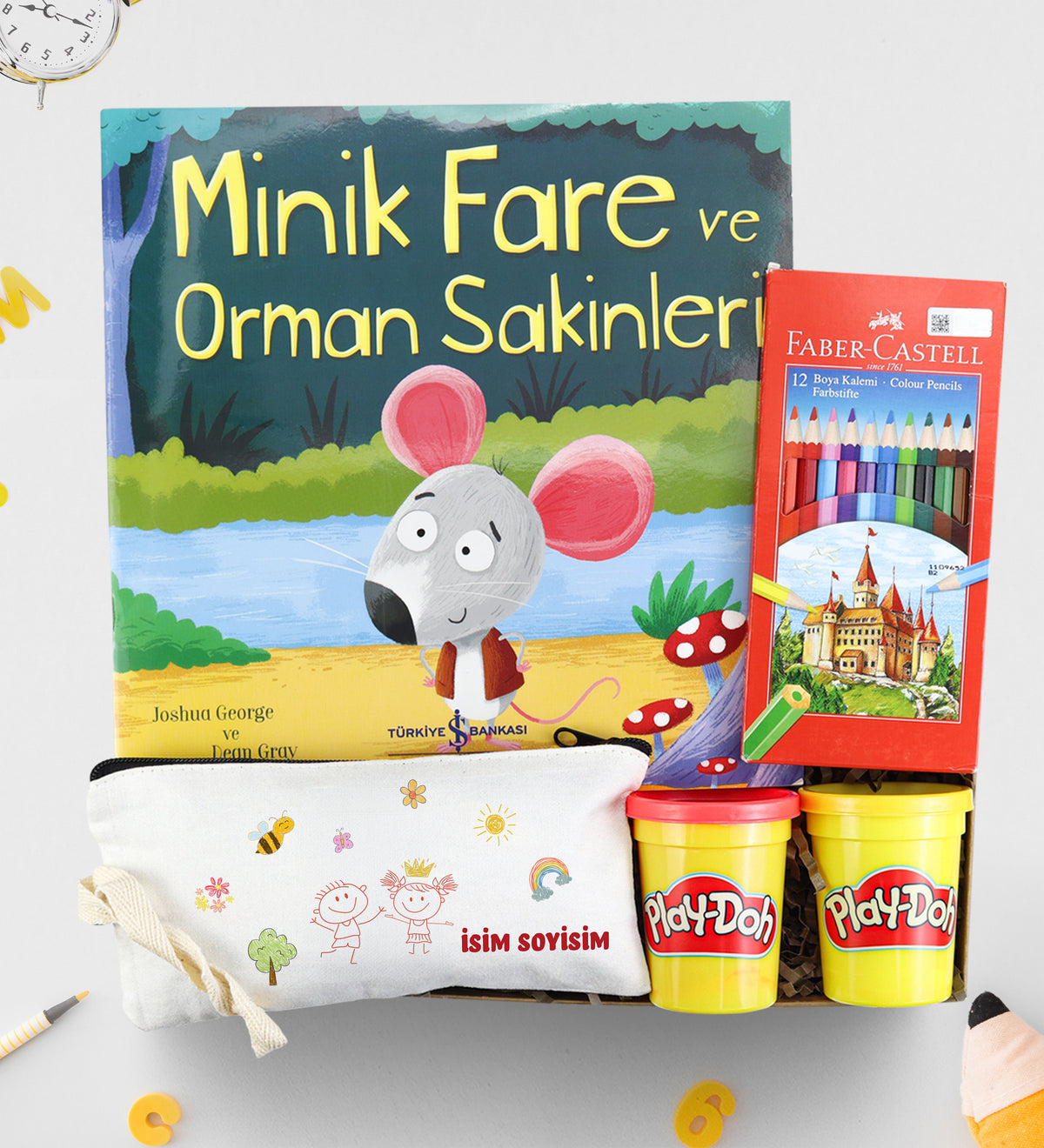 Hikaye Kitabı & Faber Castell Boya Kalemi & Kalemlik & 2'li Oyun Hamuru Hediye Seti