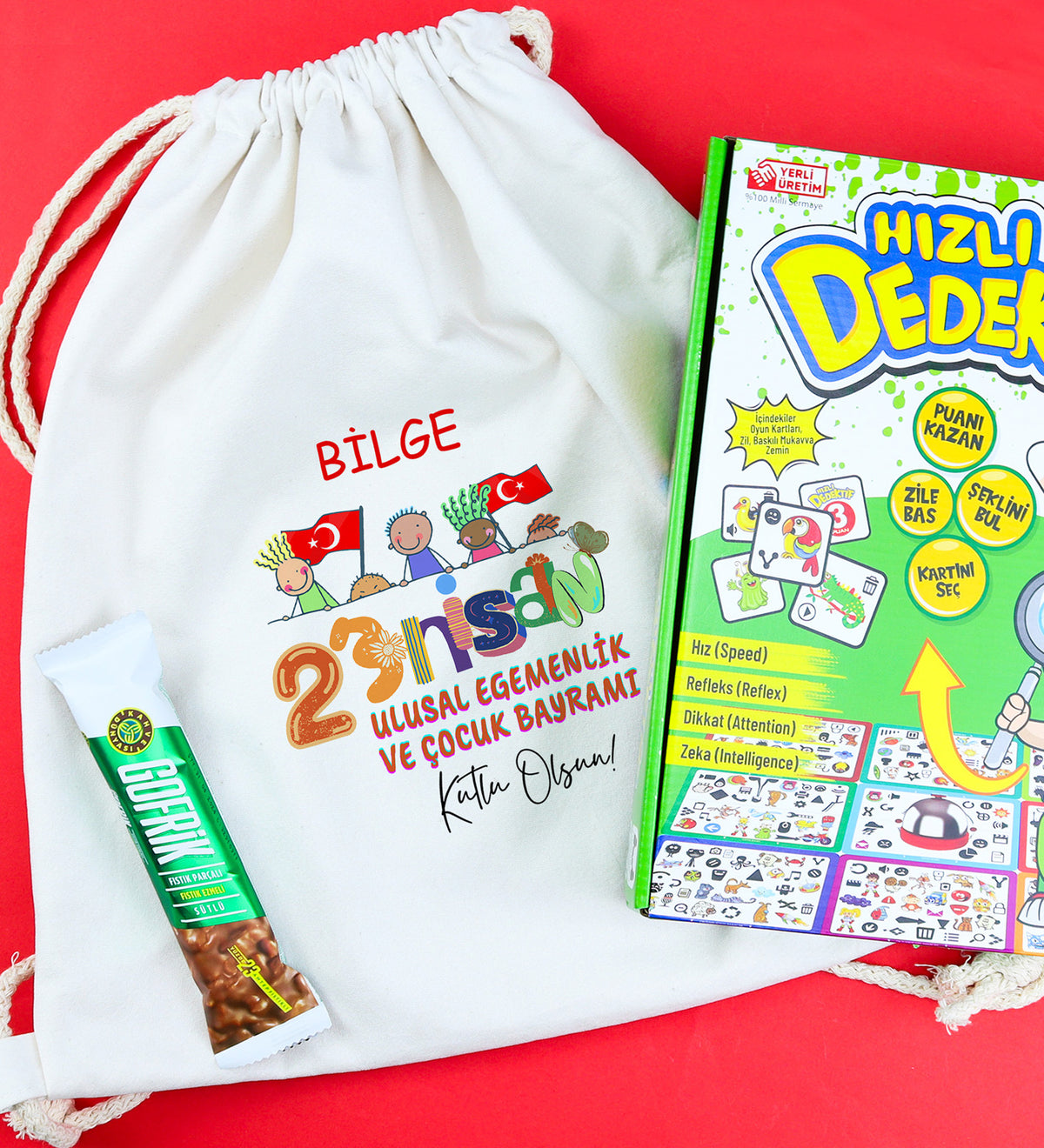 Kişiye Özel Bez Çanta & Ritoys Hızlı Dedektif Oyunu & Gofrik Çikolata 23 Nisan Hediye Seti