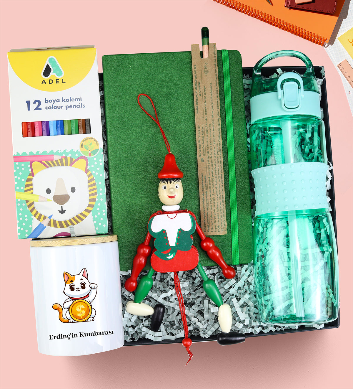 Kişiye Özel Defter & Kalem & Kumbara & Matara & Kuru Boya & Kukla Hediye Seti