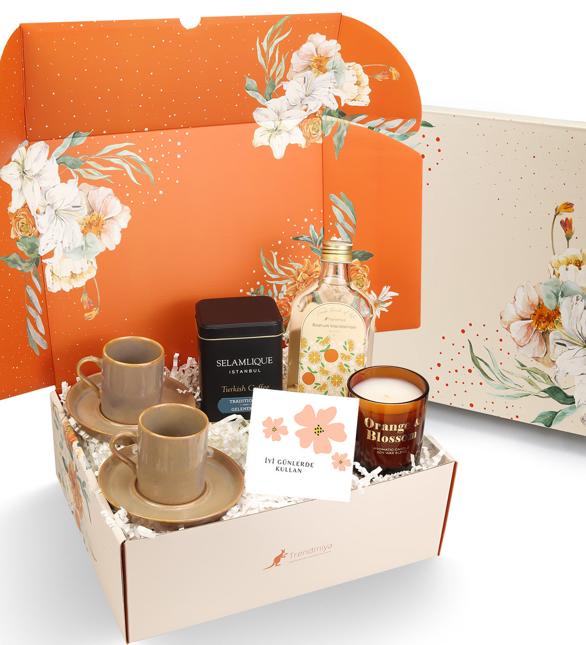 2 li Porselen Kahve Fincanı & Kolonya & Rakle Mum & Selamlıque Türk Kahvesi Hediye Seti