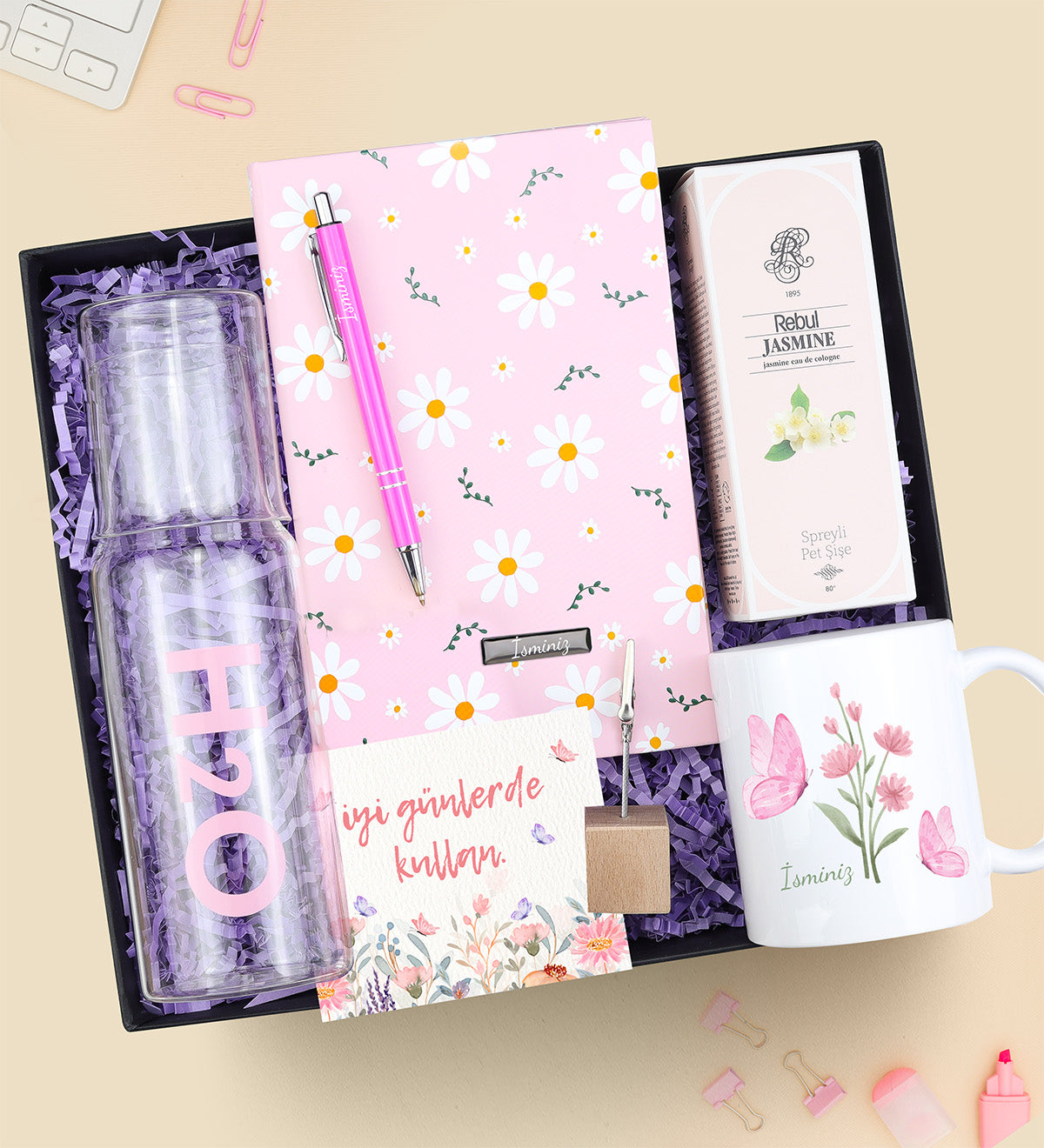 Kişiye Özel Defter & Kupa & Rebul Kolonya & Kalem & H2o Cam Başucu Sürahisi & Not Tutucu Hediye Seti