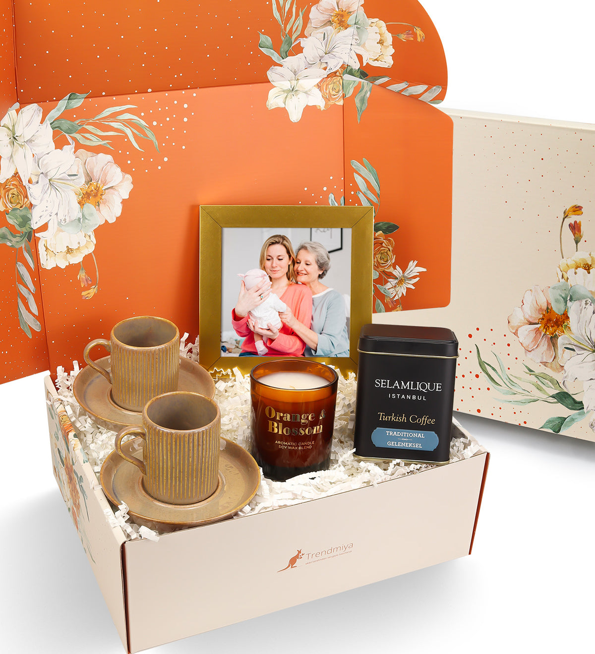 2 li Porselen Fincan & Selamlıque Türk Kahvesi & Rakle Mum & Gold Çerçeve Hediye Seti
