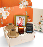 2 li Porselen Fincan & Selamlıque Türk Kahvesi & Rakle Mum & Gold Çerçeve Hediye Seti