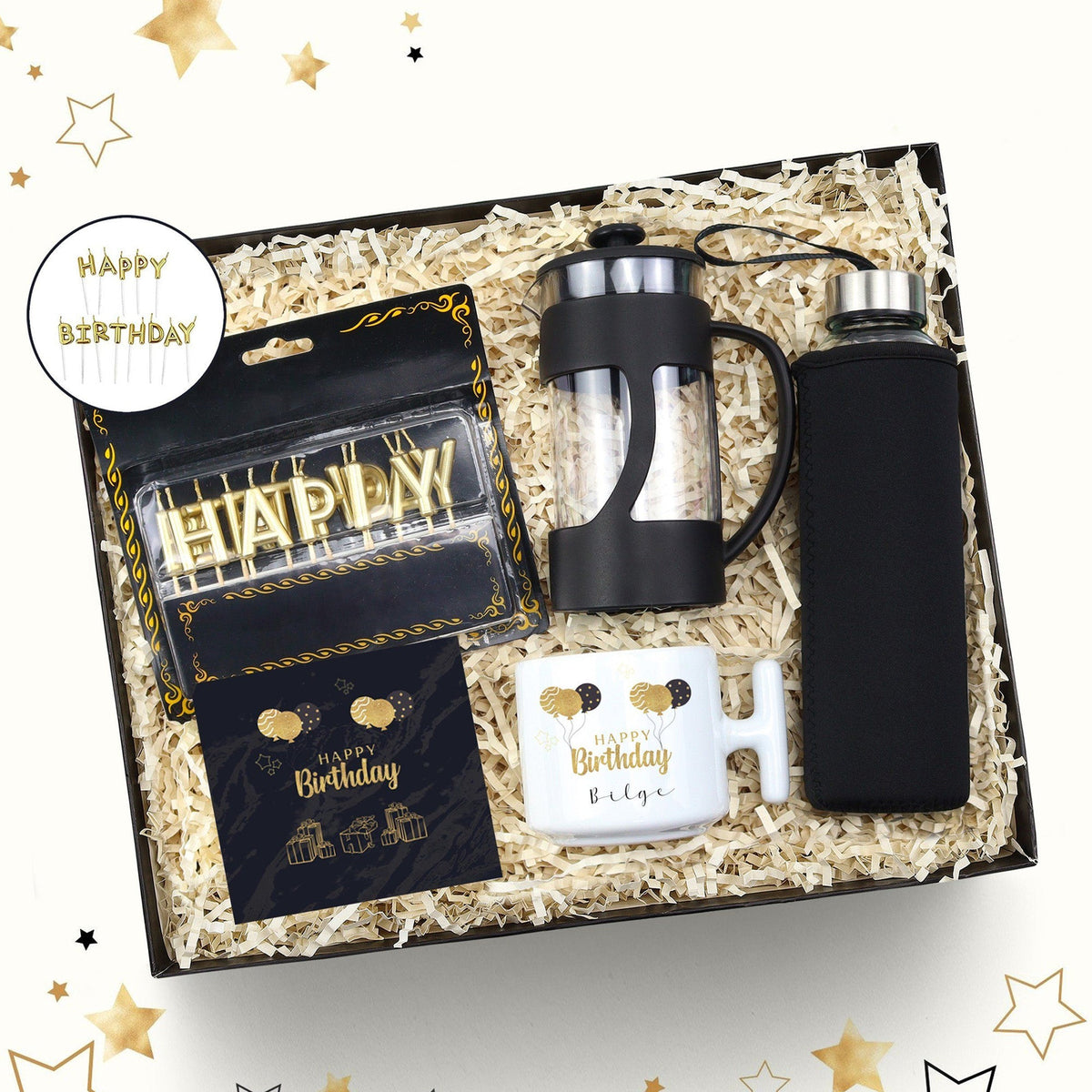 Kişiye Özel T Kupa & Siyah French Press & Özel Kılıflı 500 Ml Siyah Su Matarası & Gold Happy Birthday Mum Hediye Seti